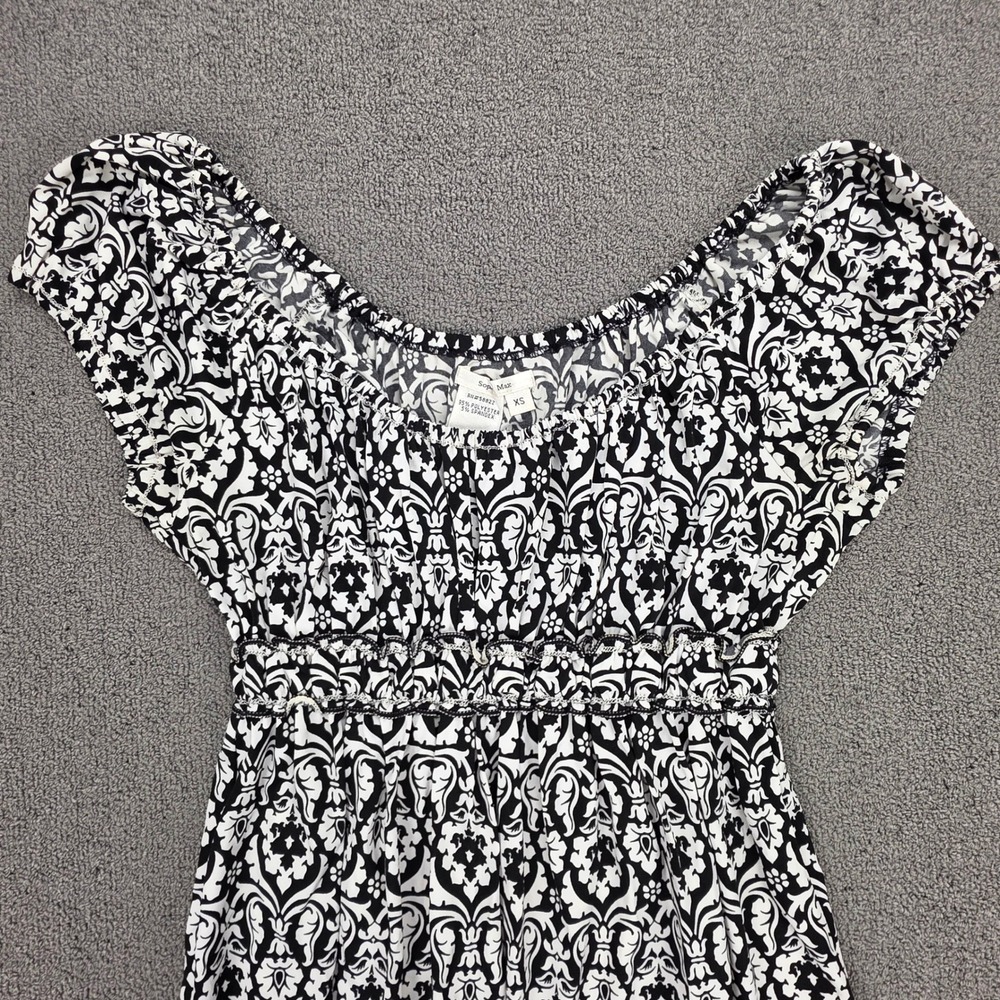 Sophie Max Black White Damask Empire Waist Dress Orange Border XS - Picture 3 of 6